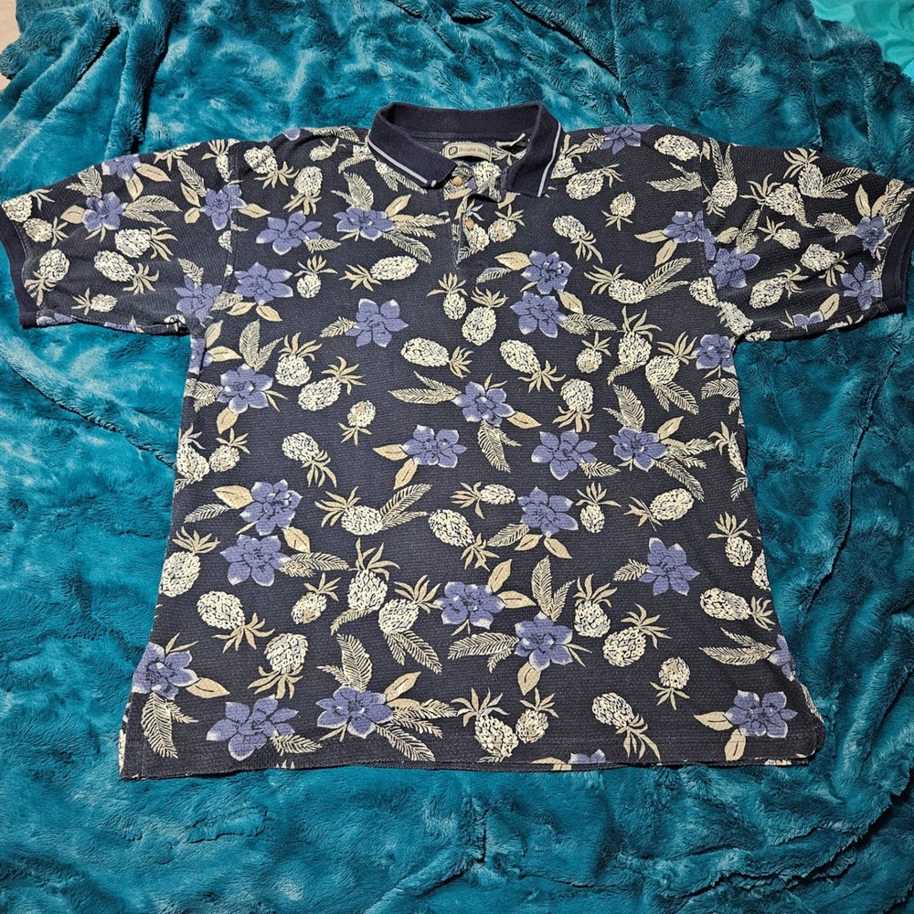 VTG‎ Bugle Boy Polo Shirt Mens Patterned Navy Pineapple Flower Short Sleeve